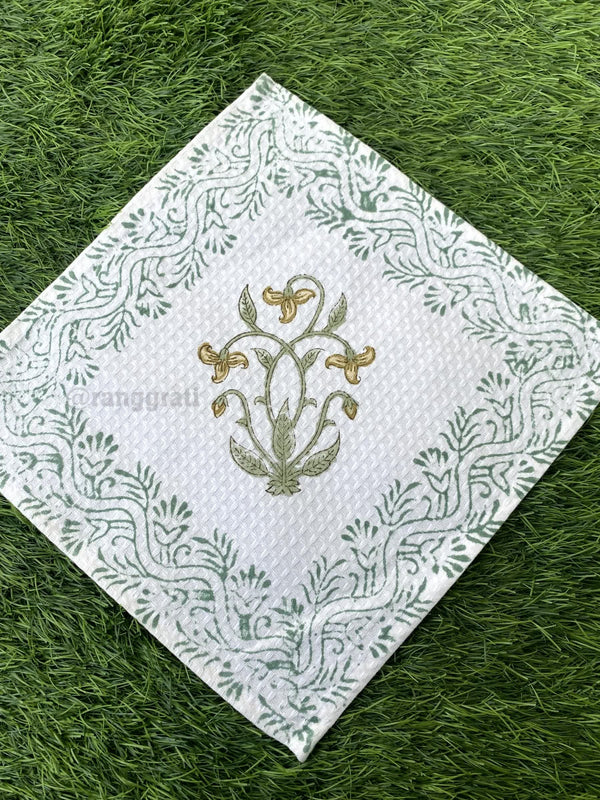Green Jaal Face Towel Floral Hand Block Printed Pure Cotton - Face Towel