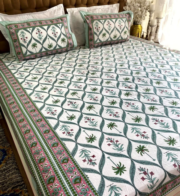 Green Jaal Floral Cotton Elastic Fitted Bedsheet King Size - Bedsheet