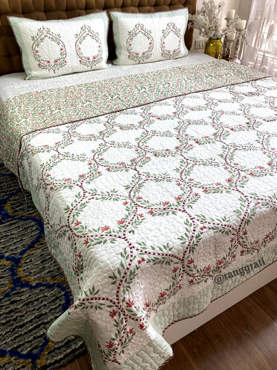 Green Jaal Floral Mulmul Voile Quilted Bedcover 90 X 108 Reversible