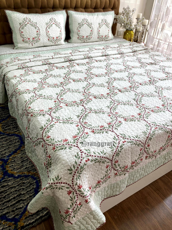Green Jaal Print Quilted Bedcover – Super King Size