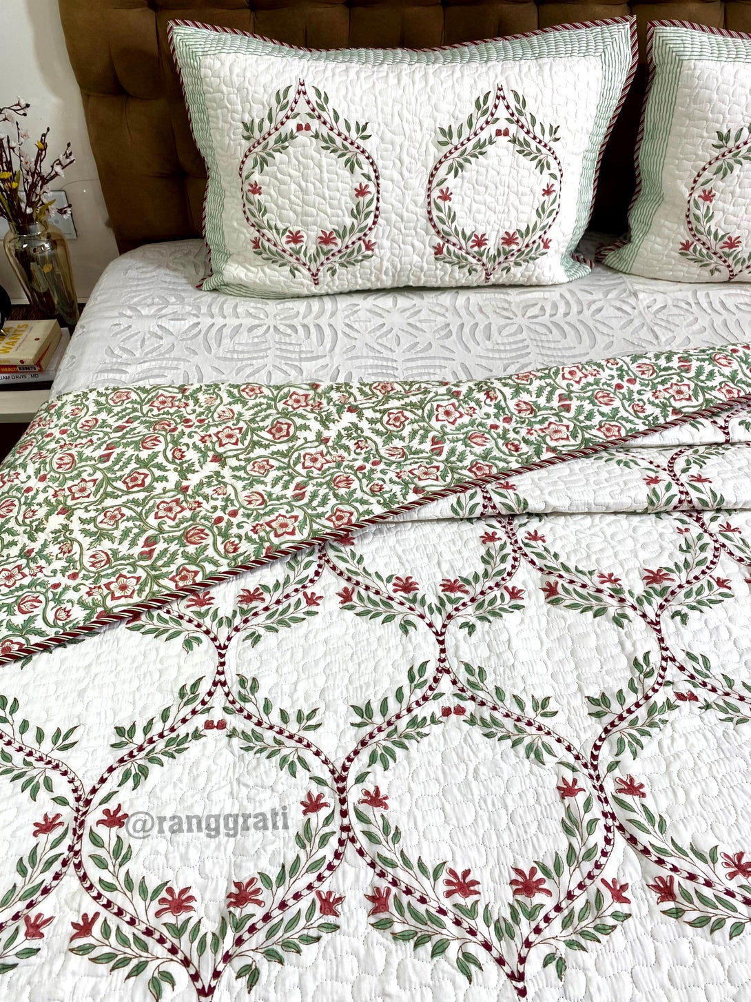 Floral Quilted Bedcover in Green Jaal – 108 x 108 Super King
