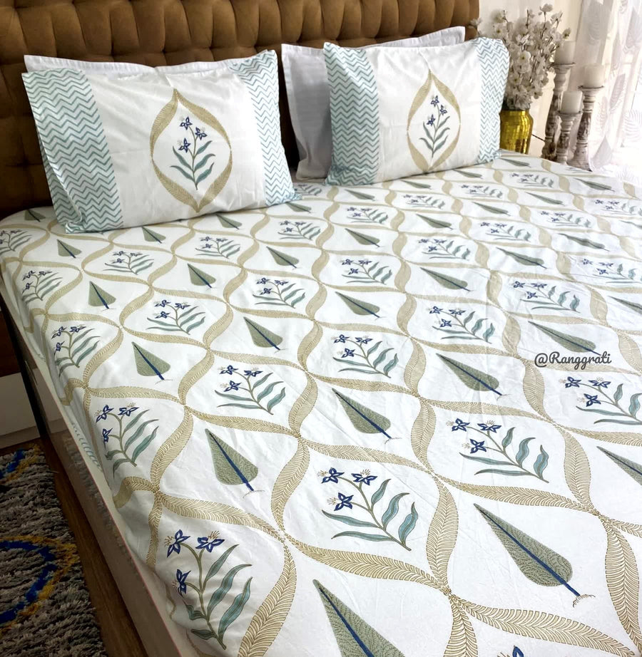 Green Jaal Pine Cotton Elastic Fitted Bedsheet King Size Hand Block