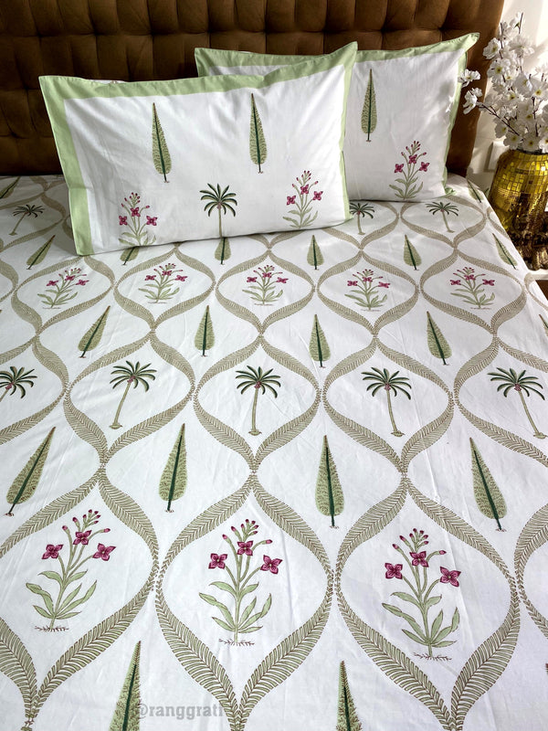 Green Jaal Pine Hand Block Cotton King Size Bedsheet