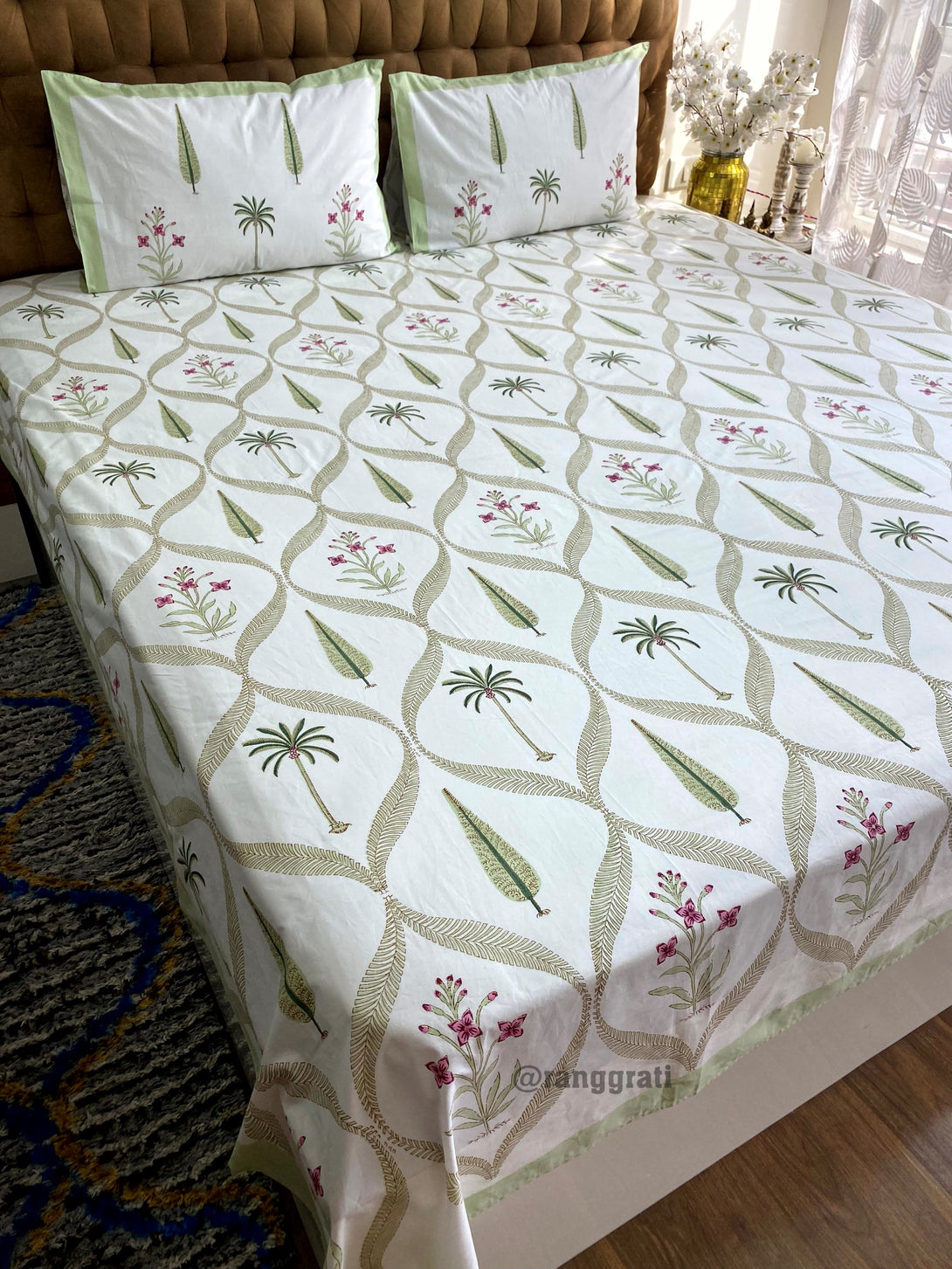 King Size Green Jaal Pine Hand Block Cotton Bedsheet