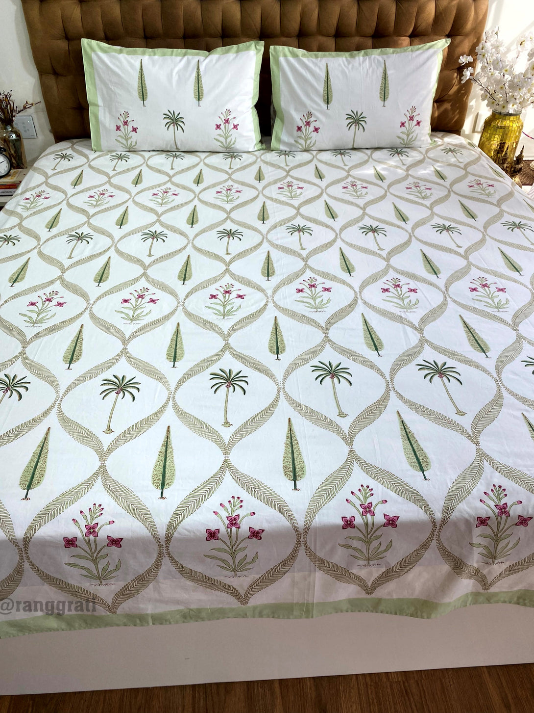 Green Jaal Pine Hand Block Cotton Bedsheet King Size