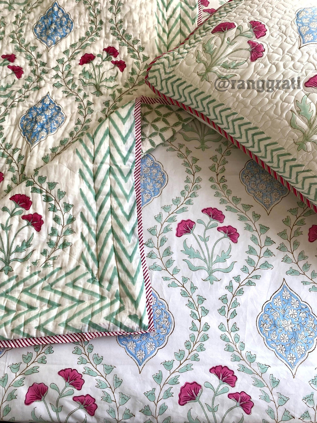 Green Jaal Pink Floral Bedsheet With Matching Quilted Bedcover Set - Bedding Set