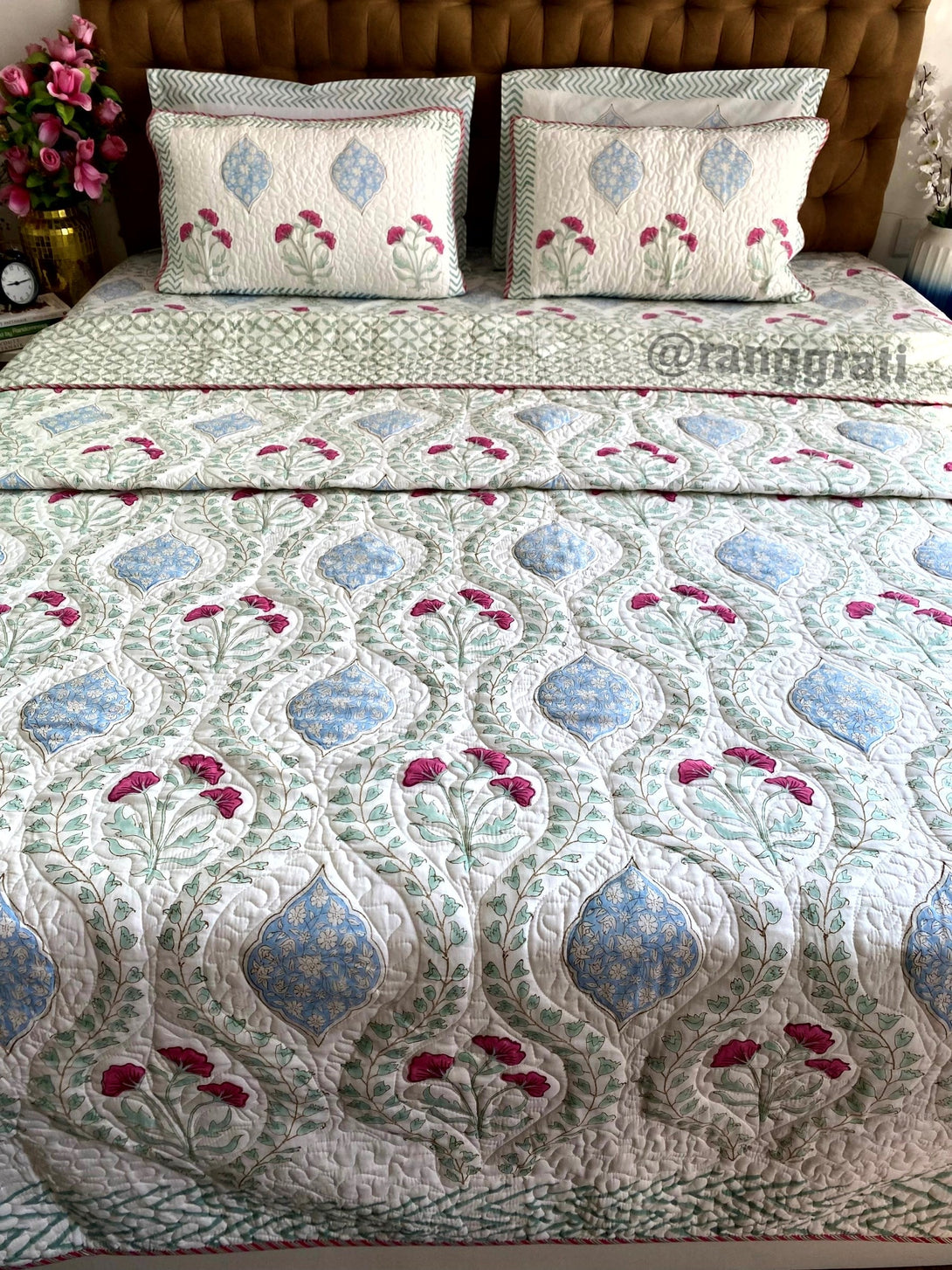 Green Jaal Pink Floral Bedsheet With Matching Quilted Bedcover Set - Bedding Set