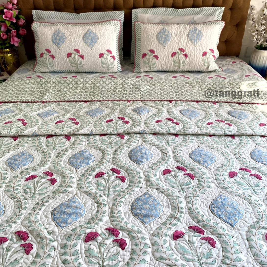 Green Jaal Pink Floral Bedsheet With Matching Quilted Bedcover Set - Bedding Set