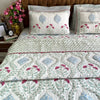 Green Jaal Pink Floral Bedsheet With Matching Quilted Bedcover Set - Bedding Set