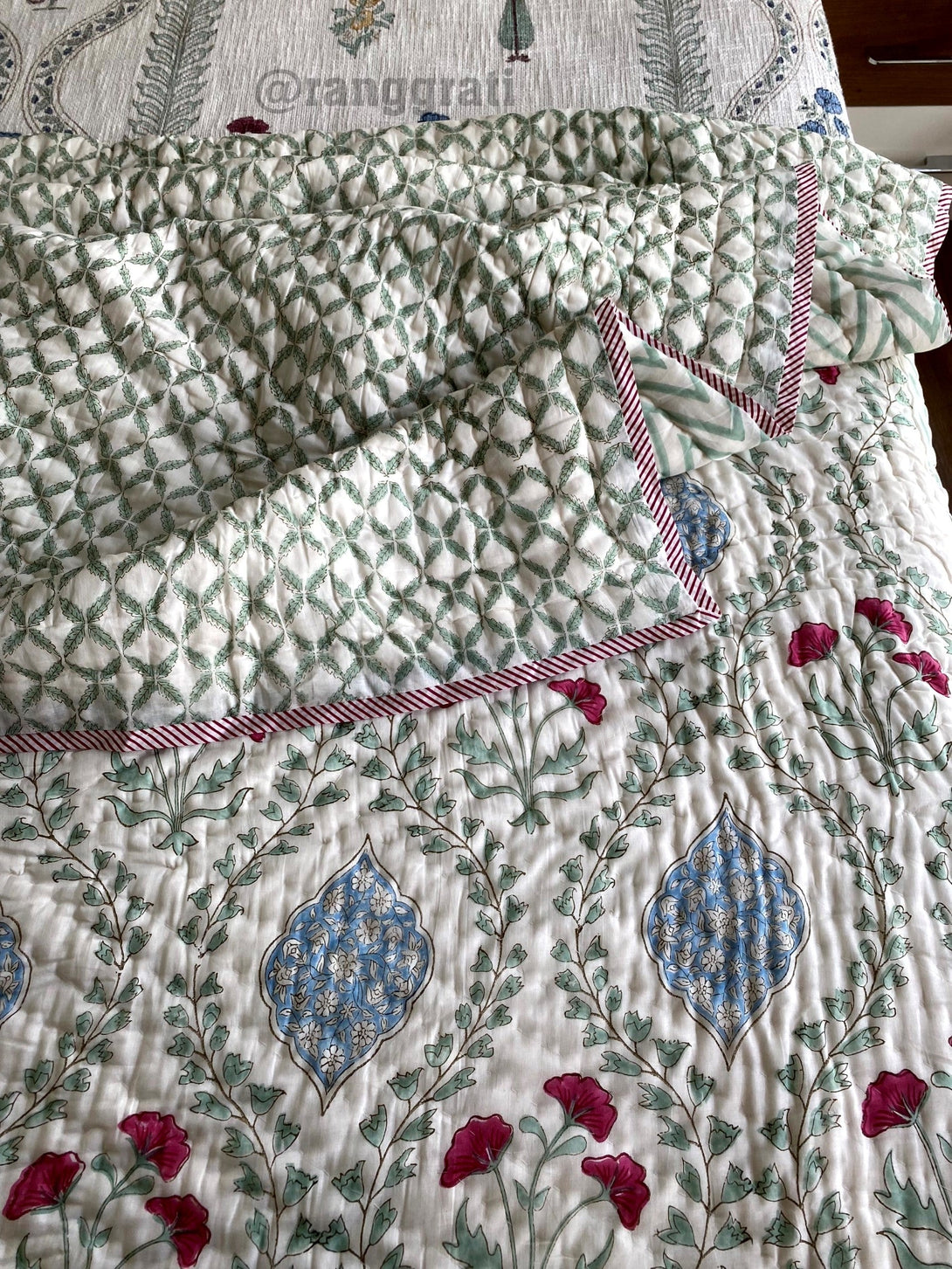 Green Jaal Pink Floral Double Bed Jaipuri Razai / Quilt Hand Block - Razai