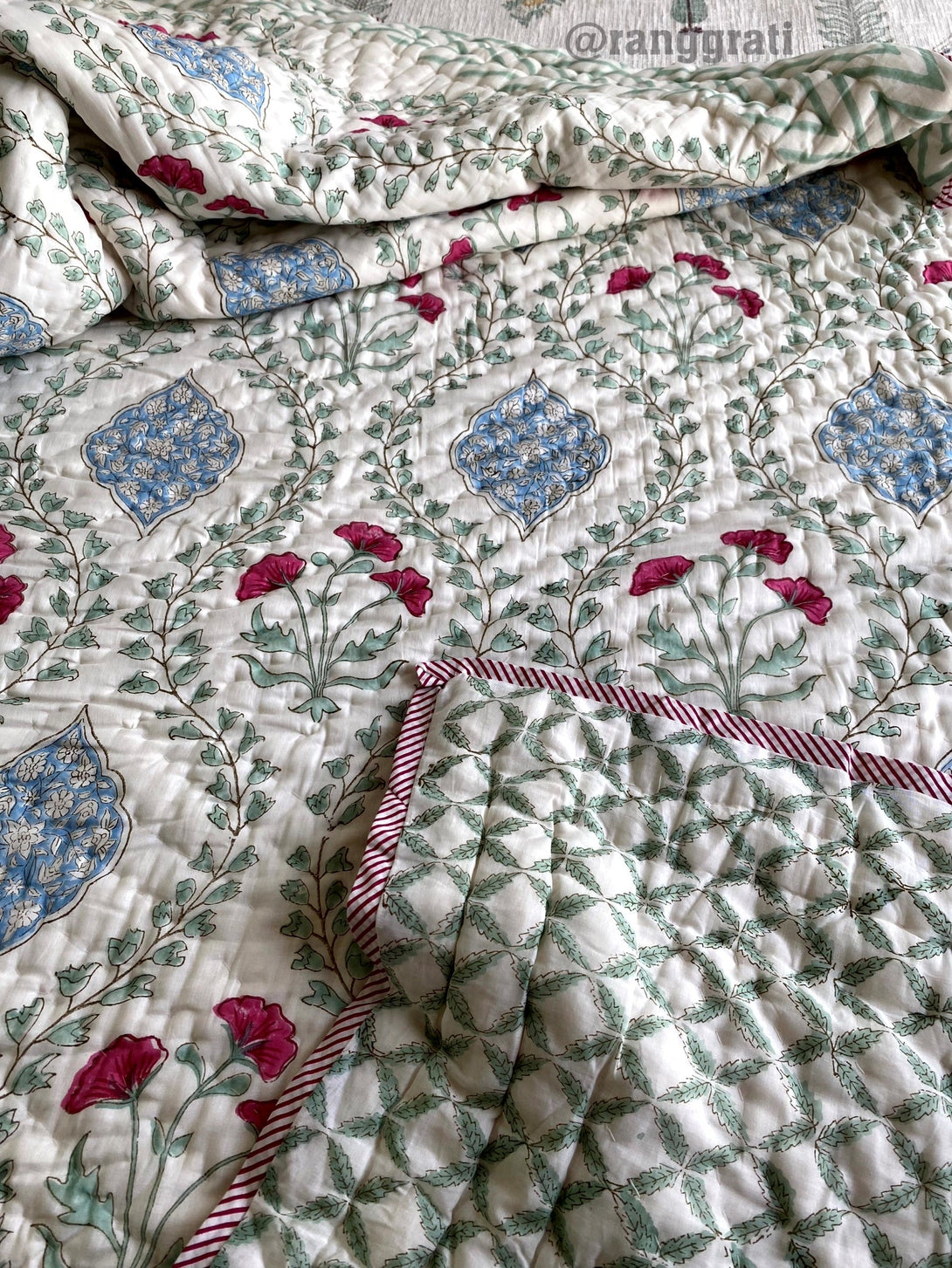 Green Jaal Pink Floral Double Bed Jaipuri Razai / Quilt Hand Block - Razai