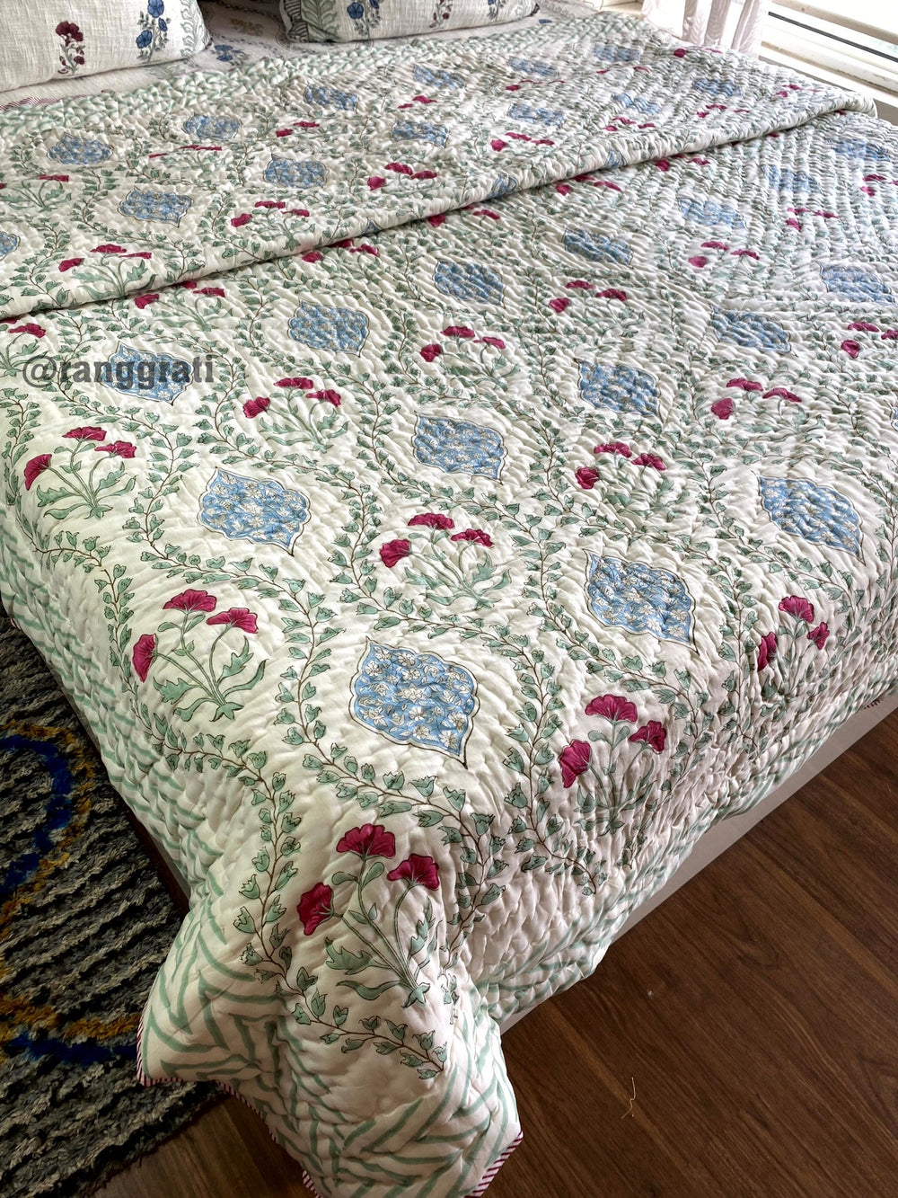 Green Jaal Pink Floral Double Bed Jaipuri Razai / Quilt Hand Block - Razai