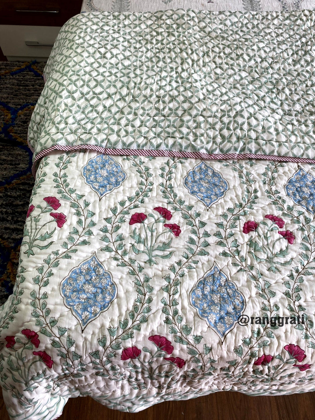 Green Jaal Pink Floral Double Bed Jaipuri Razai / Quilt Hand Block - Razai