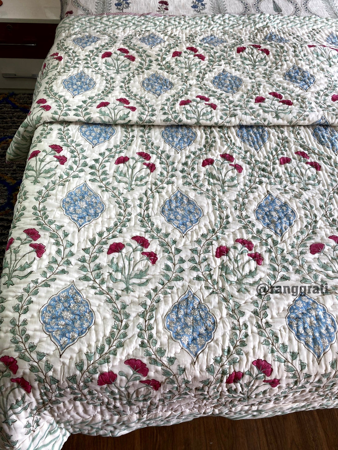 Green Jaal Pink Floral Double Bed Jaipuri Razai / Quilt Hand Block - Razai