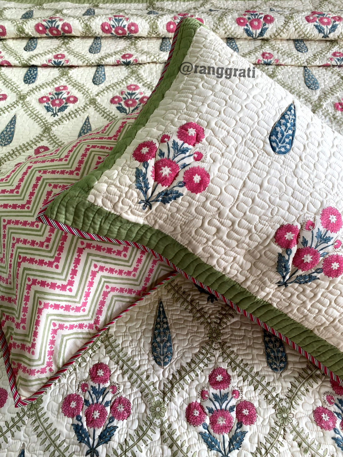 Green Jaal Pink Floral Quilted Bedcover King Size With Pillow Covers