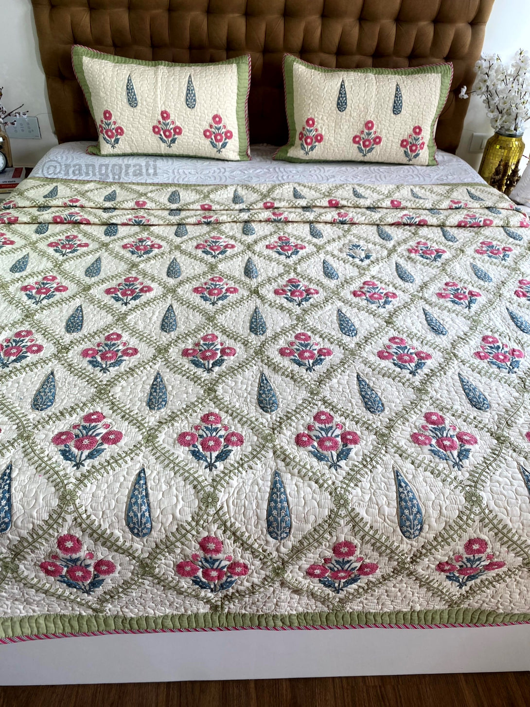 Mulmul Voile Green Jaal Pink Floral Quilted Bedcover King Size