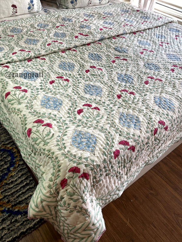 Green Jaal & Red Floral Jaipuri Razai / Quilt – Hand Block Printed Cotton