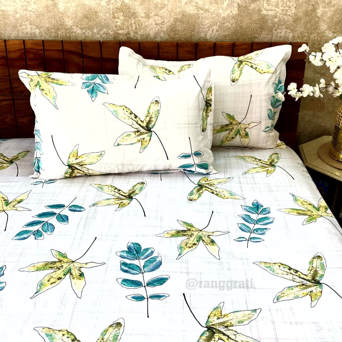 Green Leaf Cotton Bedsheet Queen Size 200 TC - Bedsheet