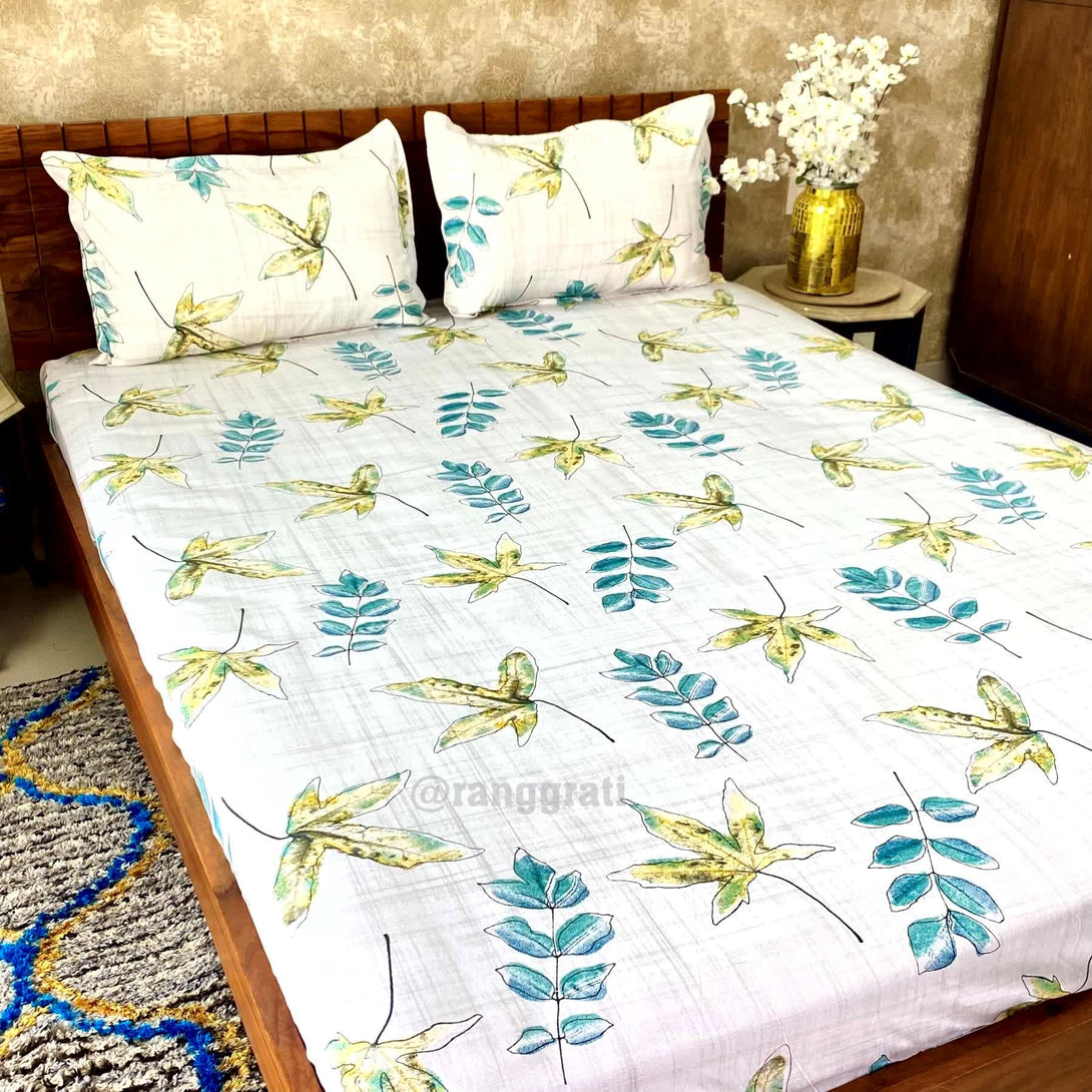 Green Leaf Cotton Bedsheet Queen Size 200 TC - Bedsheet
