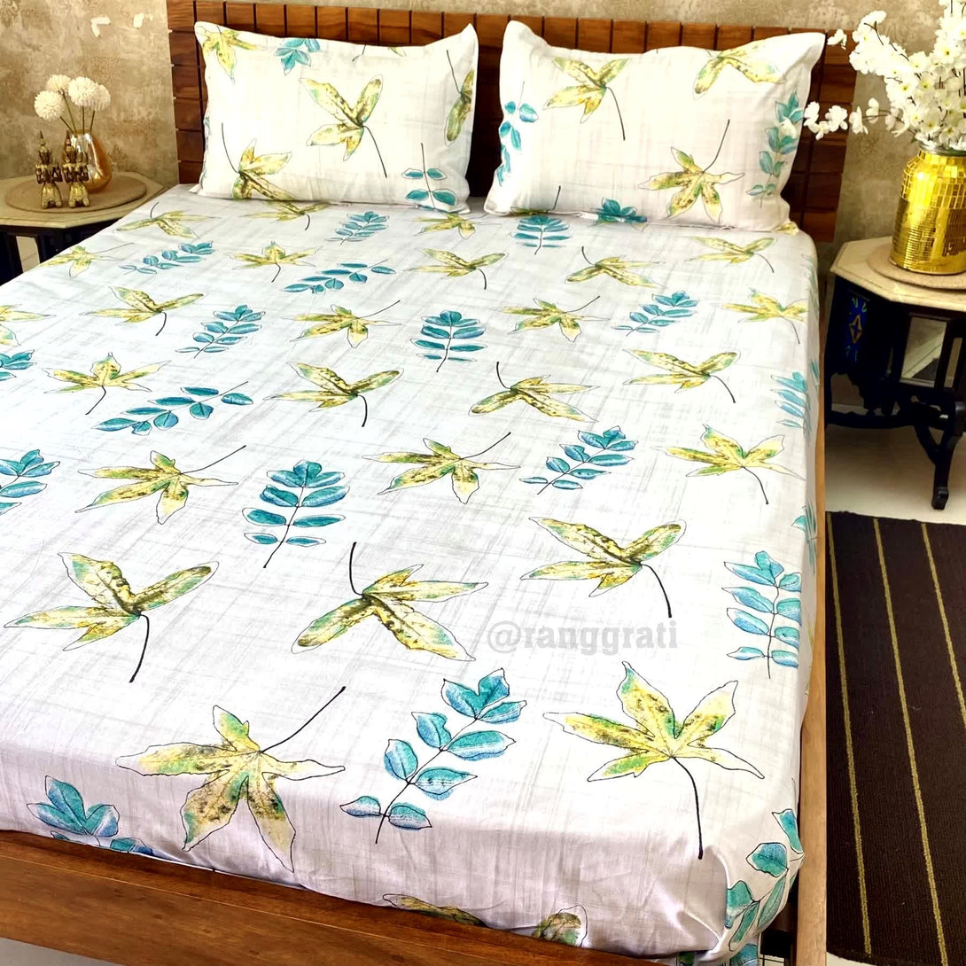 Green Leaf Cotton Bedsheet Queen Size 200 TC - Bedsheet