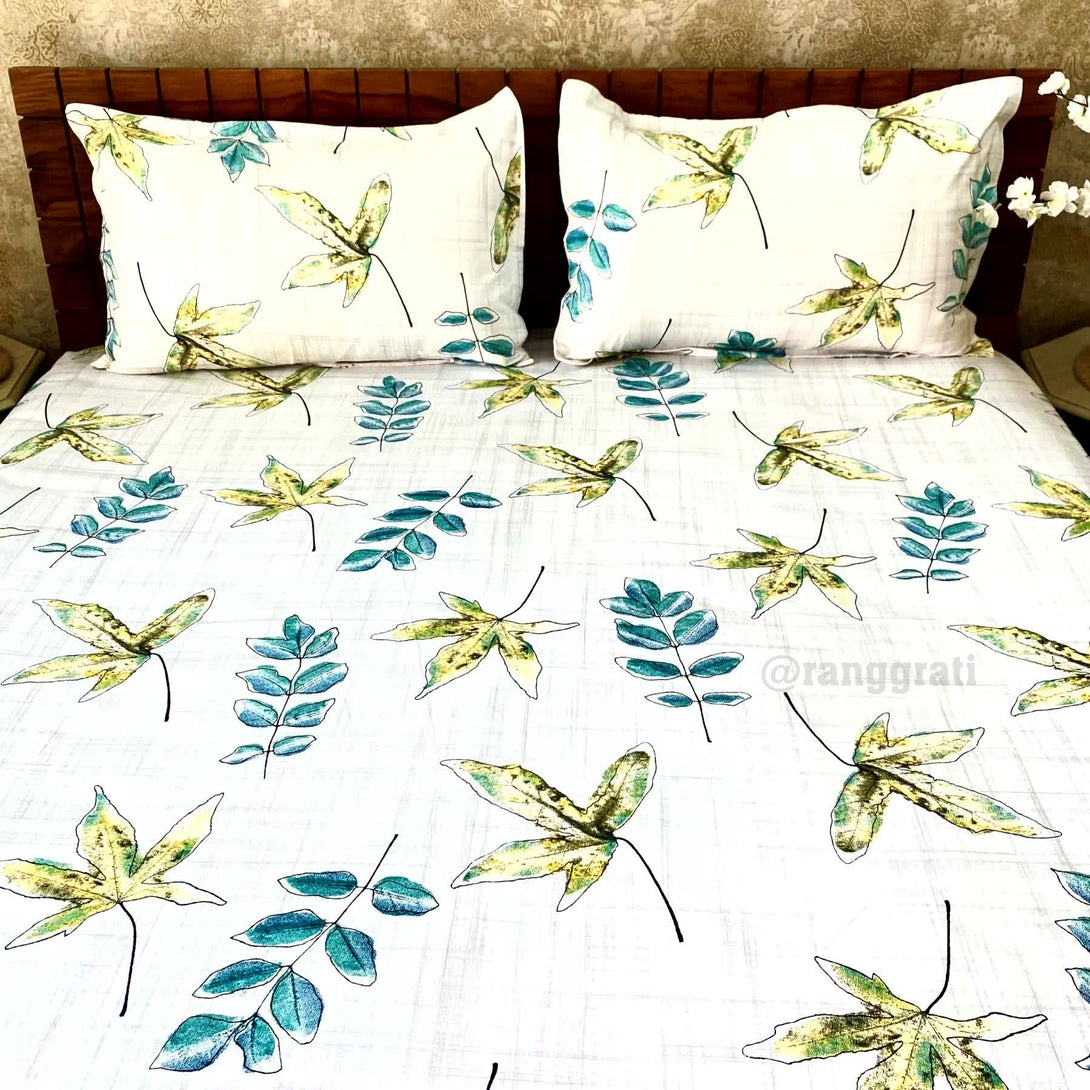 Green Leaf Cotton Bedsheet Queen Size 200 TC - Bedsheet