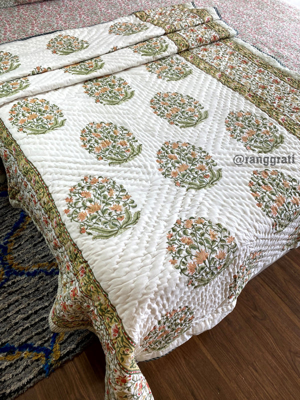 Green Orange Floral Single Bed Jaipuri Razai / Quilt Cotton Hand Block