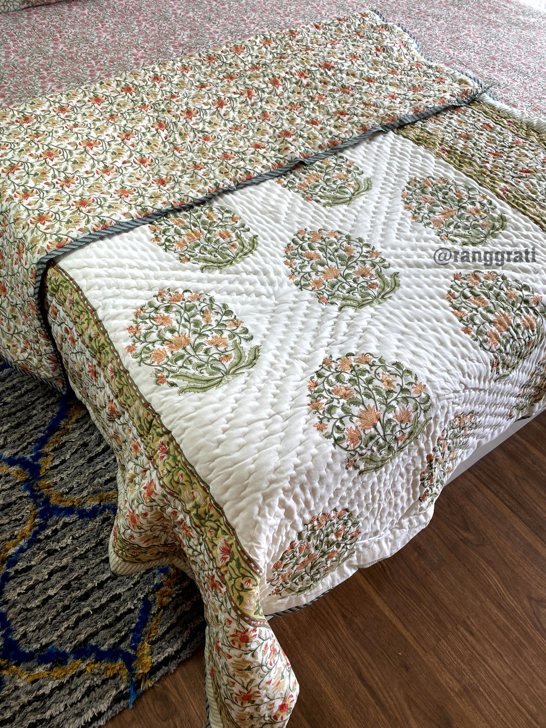 Green Orange Floral Single Bed Jaipuri Razai / Quilt Cotton Hand Block Reversible