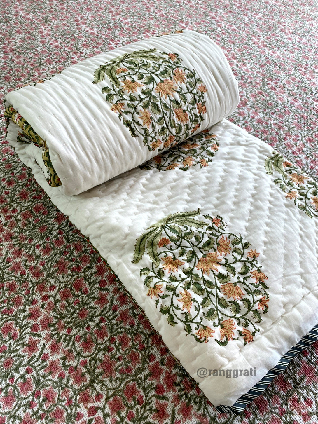 Green Orange Floral Jaipuri Razai / Quilt Cotton Hand Block For Single Bed 