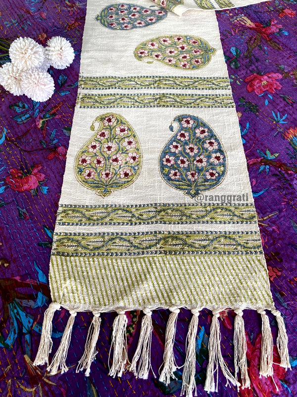 Green Paisley Jute Cotton Table Runner For 6 Seater