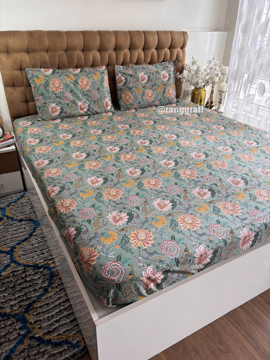 Green Pansy Floral Cotton Elastic Fitted Bedsheet King Size Hand Block