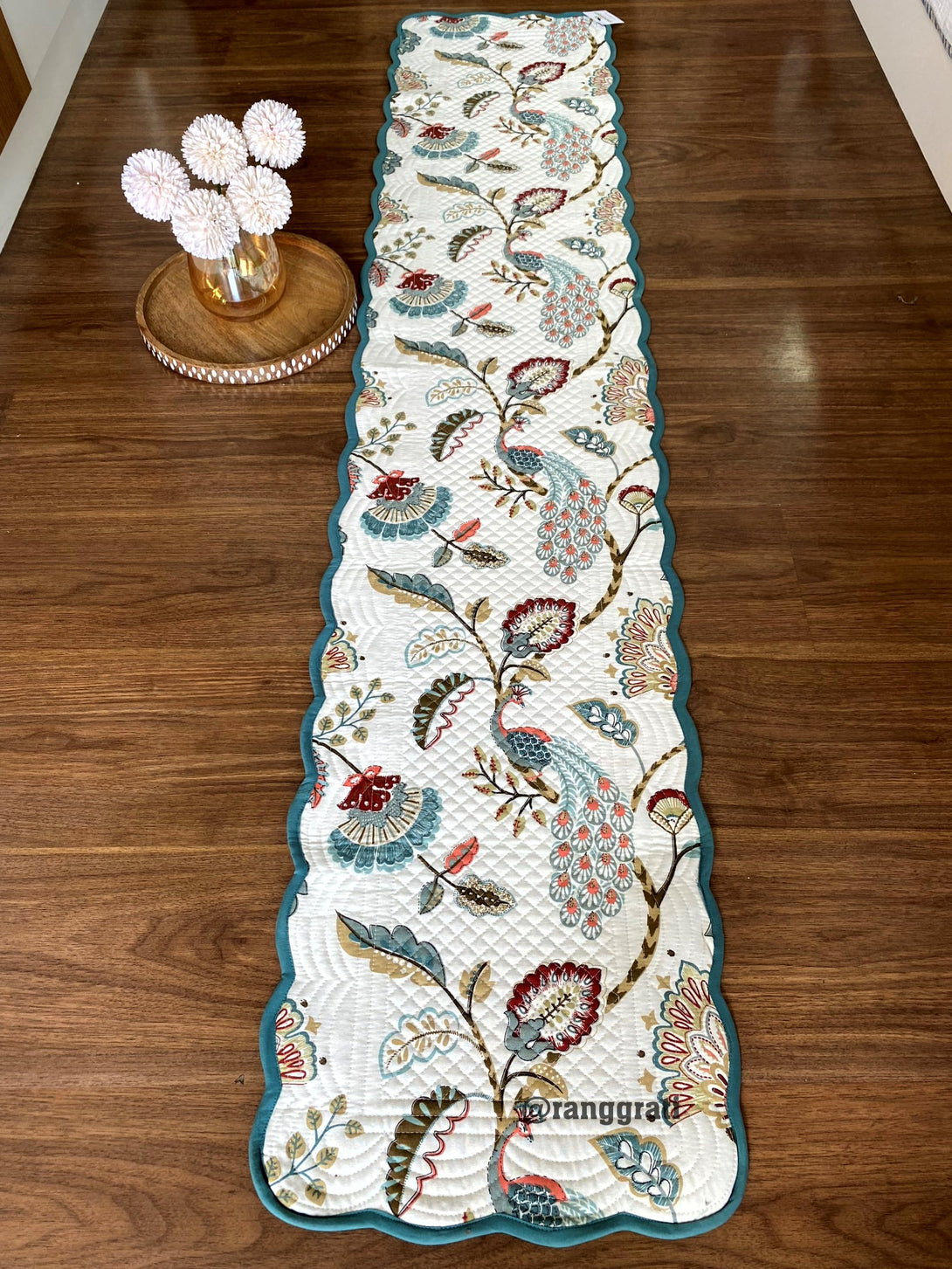 Green Peacock Quilted Table Runner For 6 Seater Dining Table