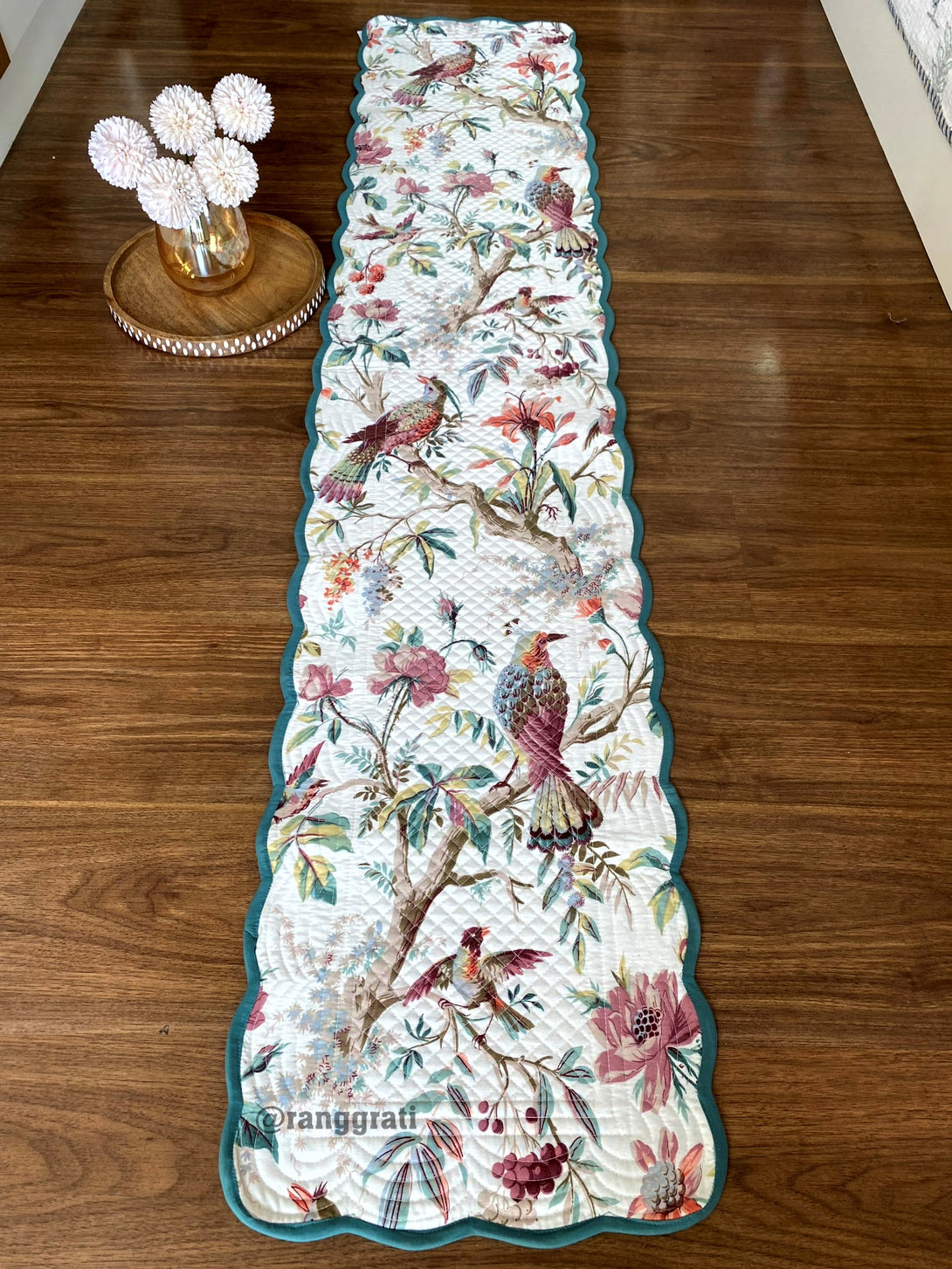 Green Peacock Quilted Table Runner For 6 Seater