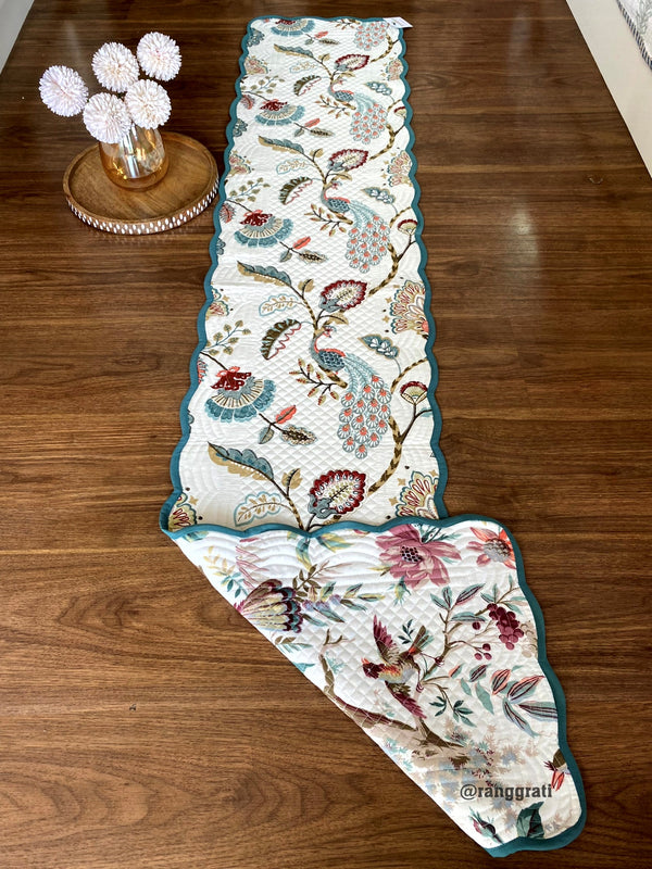 Green Peacock Quilted Table Runner For 6 Seater Dining Table Reversible
