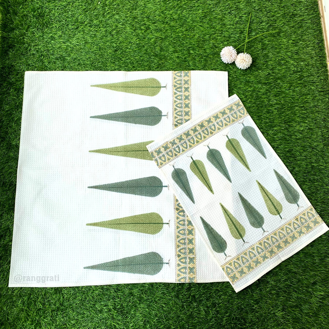 Green Pine Body & Hand Towel Hand Block Printed In Pure Cotton Waffle