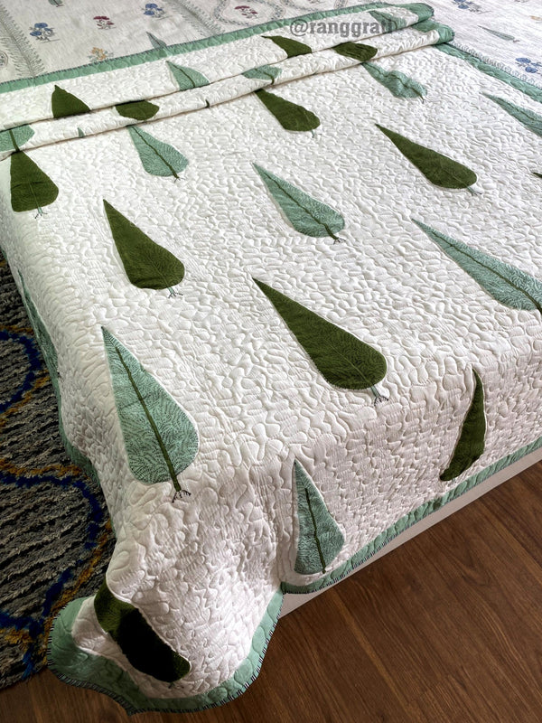 Green Pine Cotton Jaipuri Quilted Bed Cover For Single Bed - Bedcover