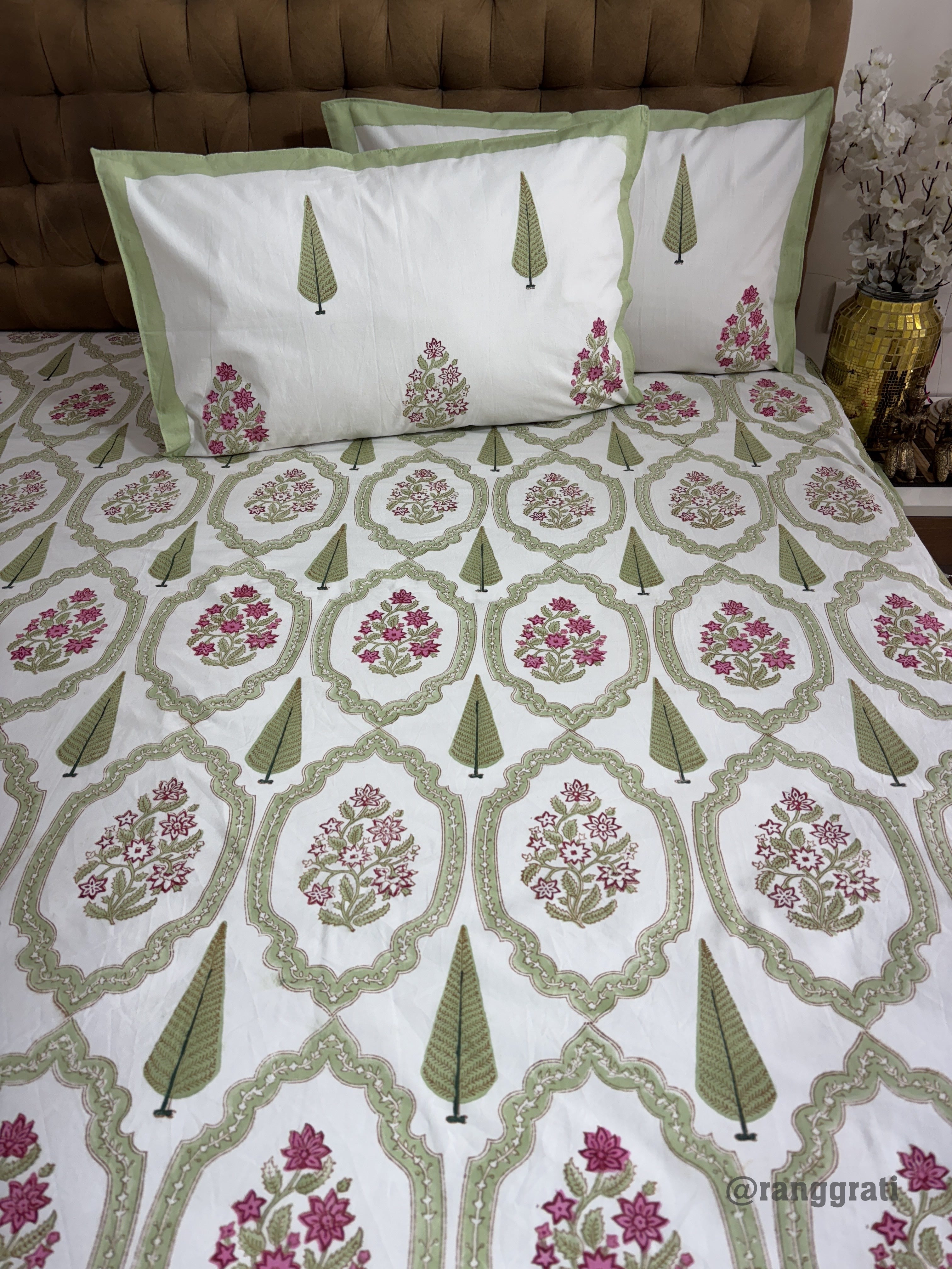 Green Pine Pink Floral Hand Block Cotton King Size Bedsheet