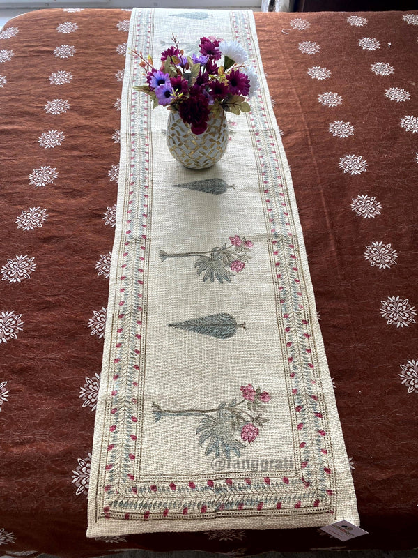 Green Pine Tree Jute Cotton Table Runner For 6 Seater Dining Table - Table Runner