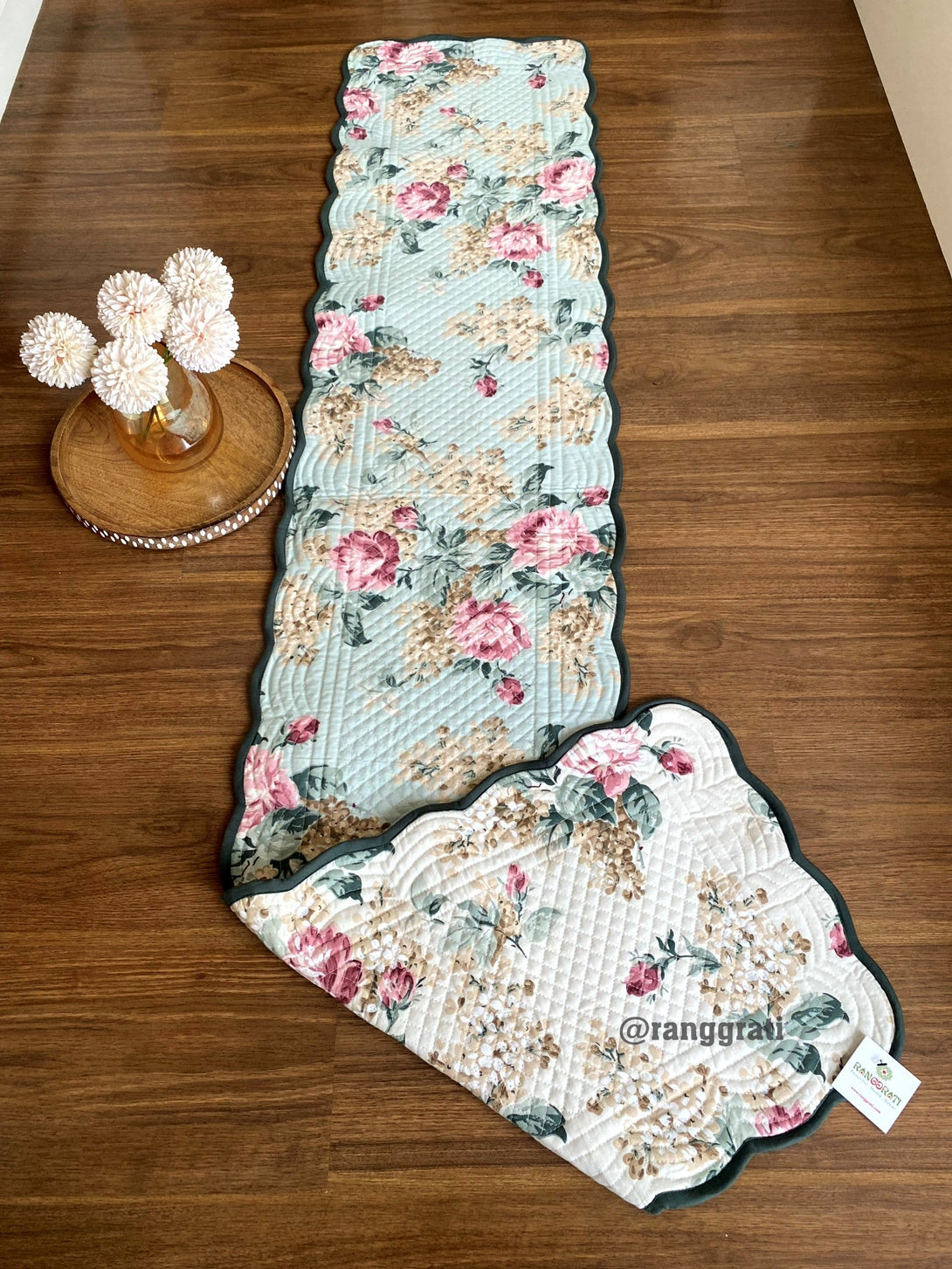 Green Pink Floral Quilted Reversible Cotton Table Runner 6 Seater Dining Table - Table Runner