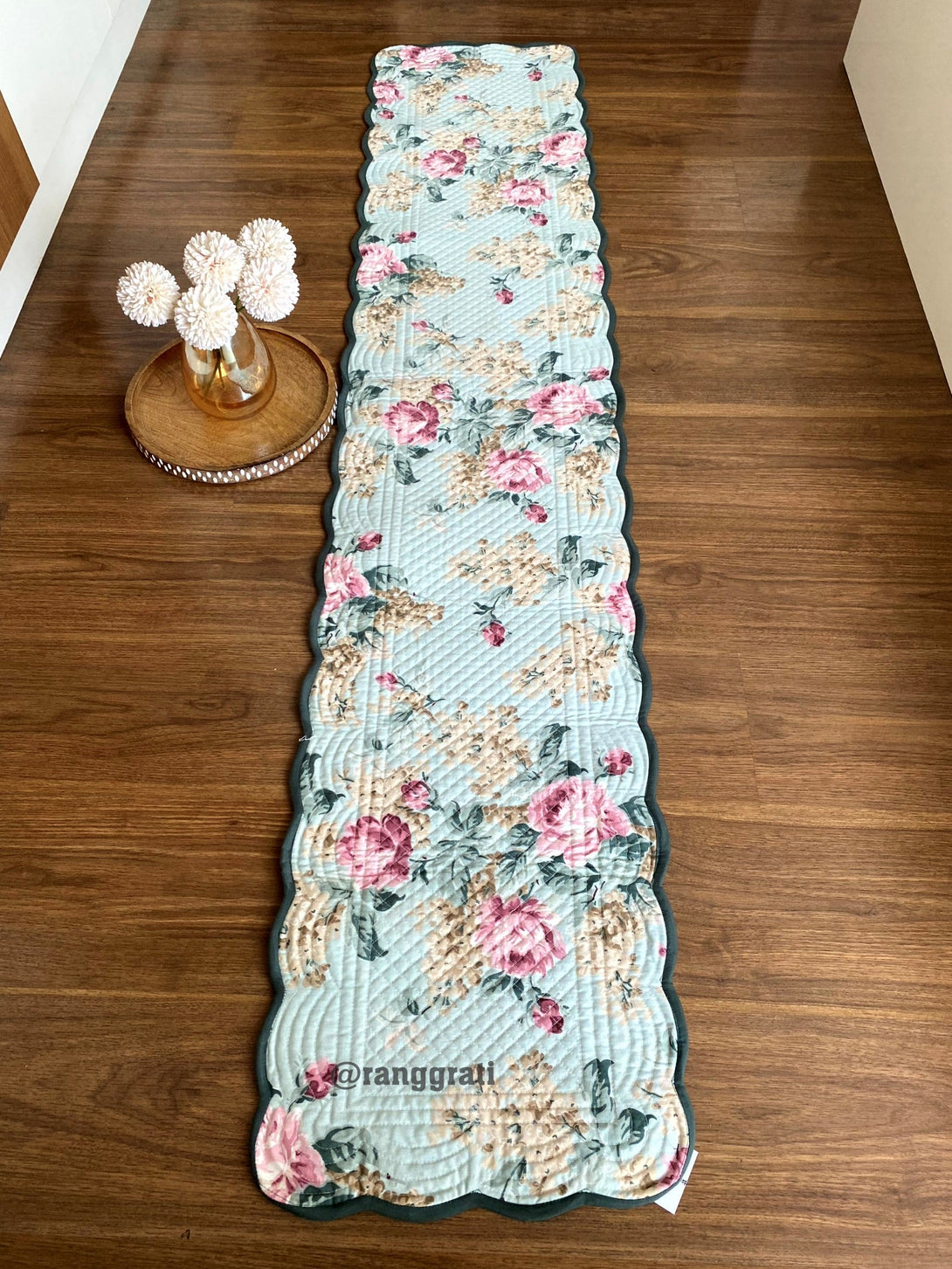 Green Pink Floral Quilted Reversible Cotton Table Runner 6 Seater Dining Table - Table Runner
