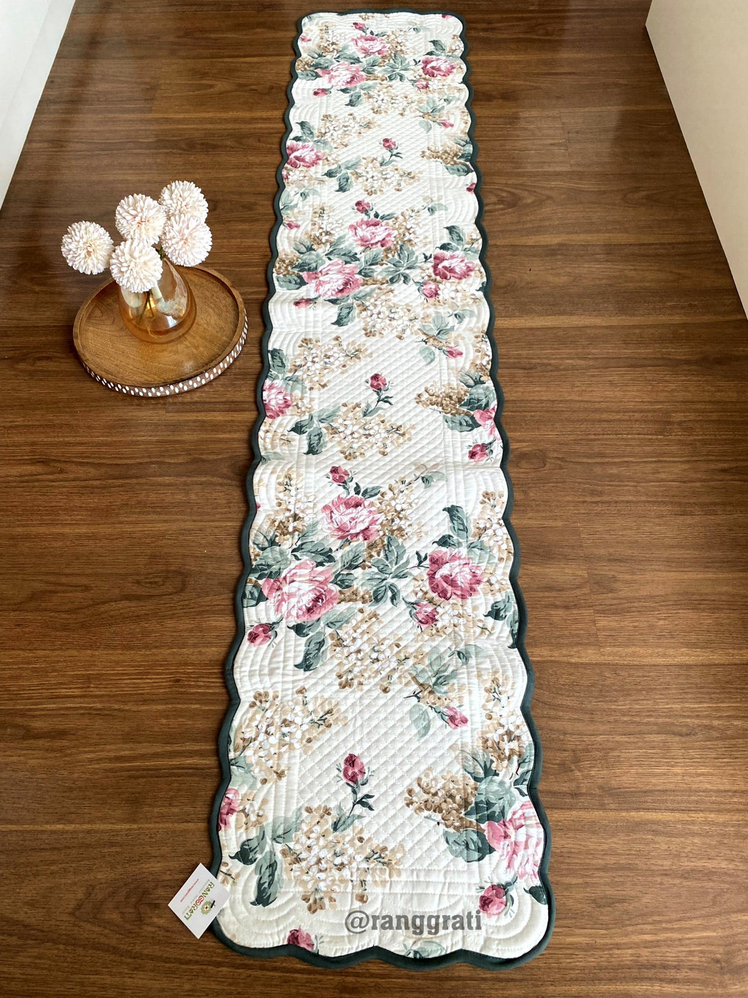 Green Pink Floral Quilted Reversible Cotton Table Runner 6 Seater Dining Table - Table Runner