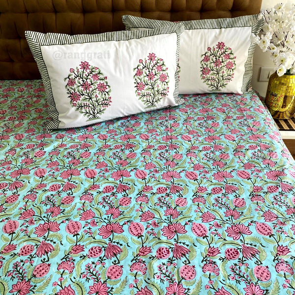 Green Pink Floral Super King Size 250 TC Bedsheet Cotton Hand Block - Bedsheet