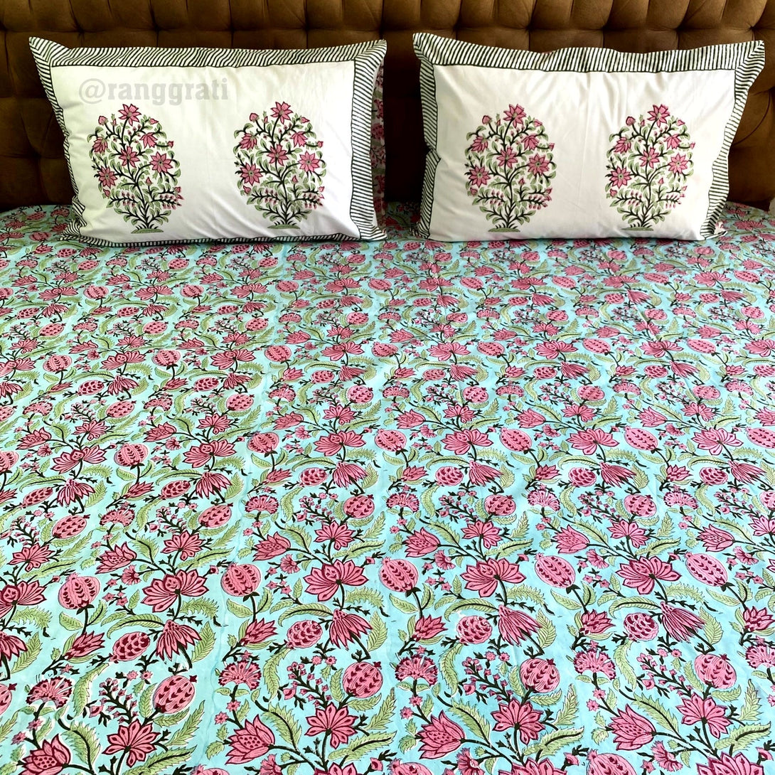 Green Pink Floral Super King Size 250 TC Bedsheet Cotton Hand Block - Bedsheet