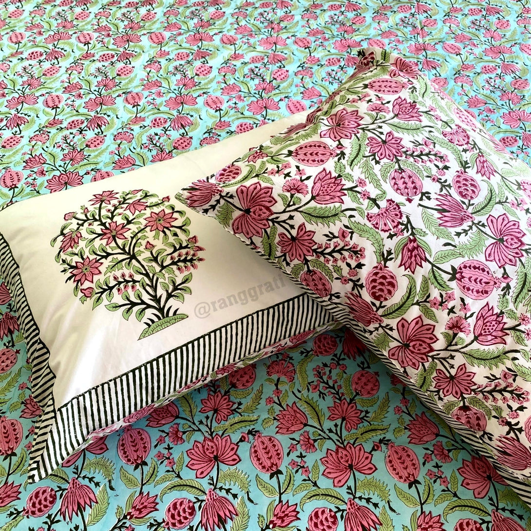 Green Pink Floral Super King Size 250 TC Bedsheet Cotton Hand Block - Bedsheet