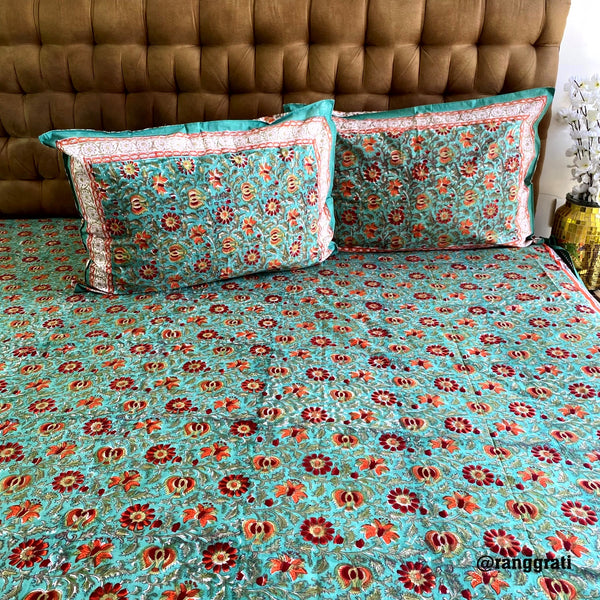 Green Red Floral King Size 250 TC Bedsheet Pure Cotton Hand Block