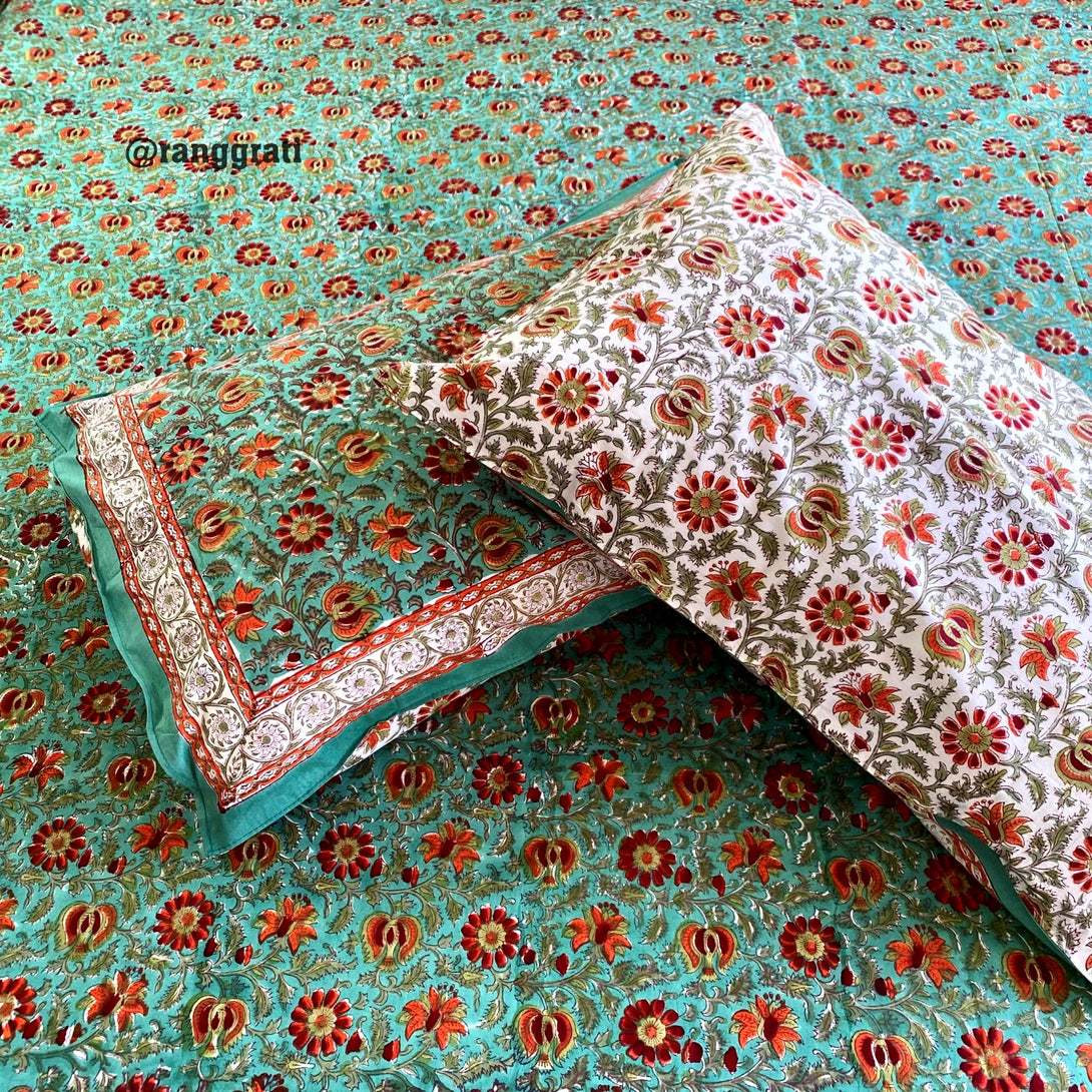 250 TC Green Red Floral King Size  Bedsheet Pure Cotton Hand Block