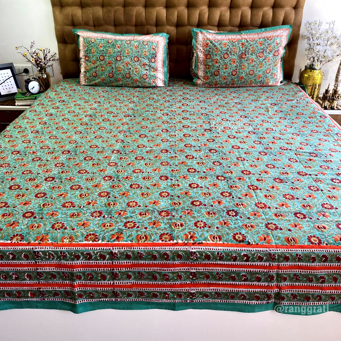 King Size Green Red Floral 250 TC Bedsheet Pure Cotton Hand Block