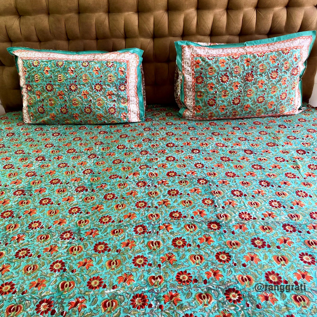 Pure Cotton Green Red Floral King Size 250 TC Bedsheet Hand Block
