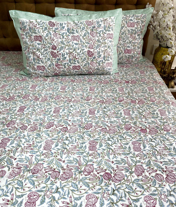 Green Border Red Pomegranate Super King Size 250 TC Bedsheet Cotton Hand Block