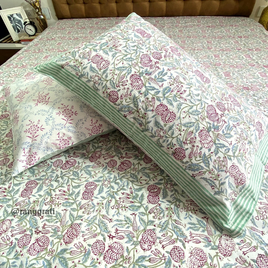 Green Border Red Pomegranate Super King Size Bedsheet With Pillow Covers