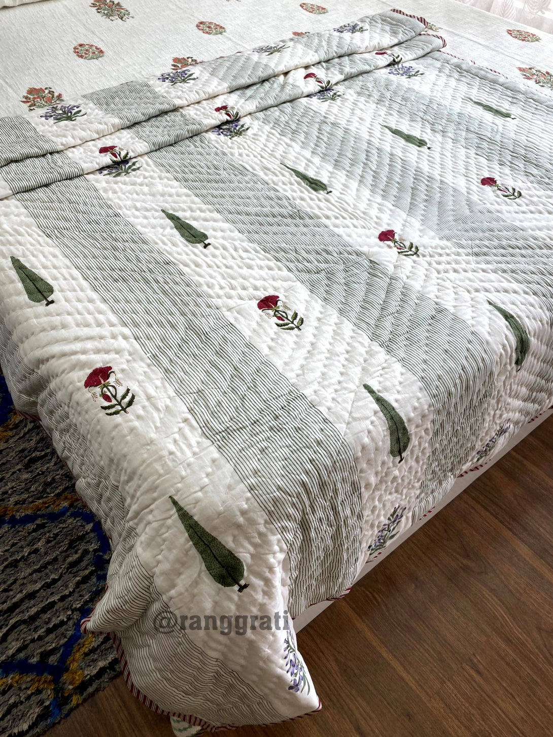 Green Stripes Red Floral Single Bed Jaipuri Razai / Quilt Cotton Hand Block